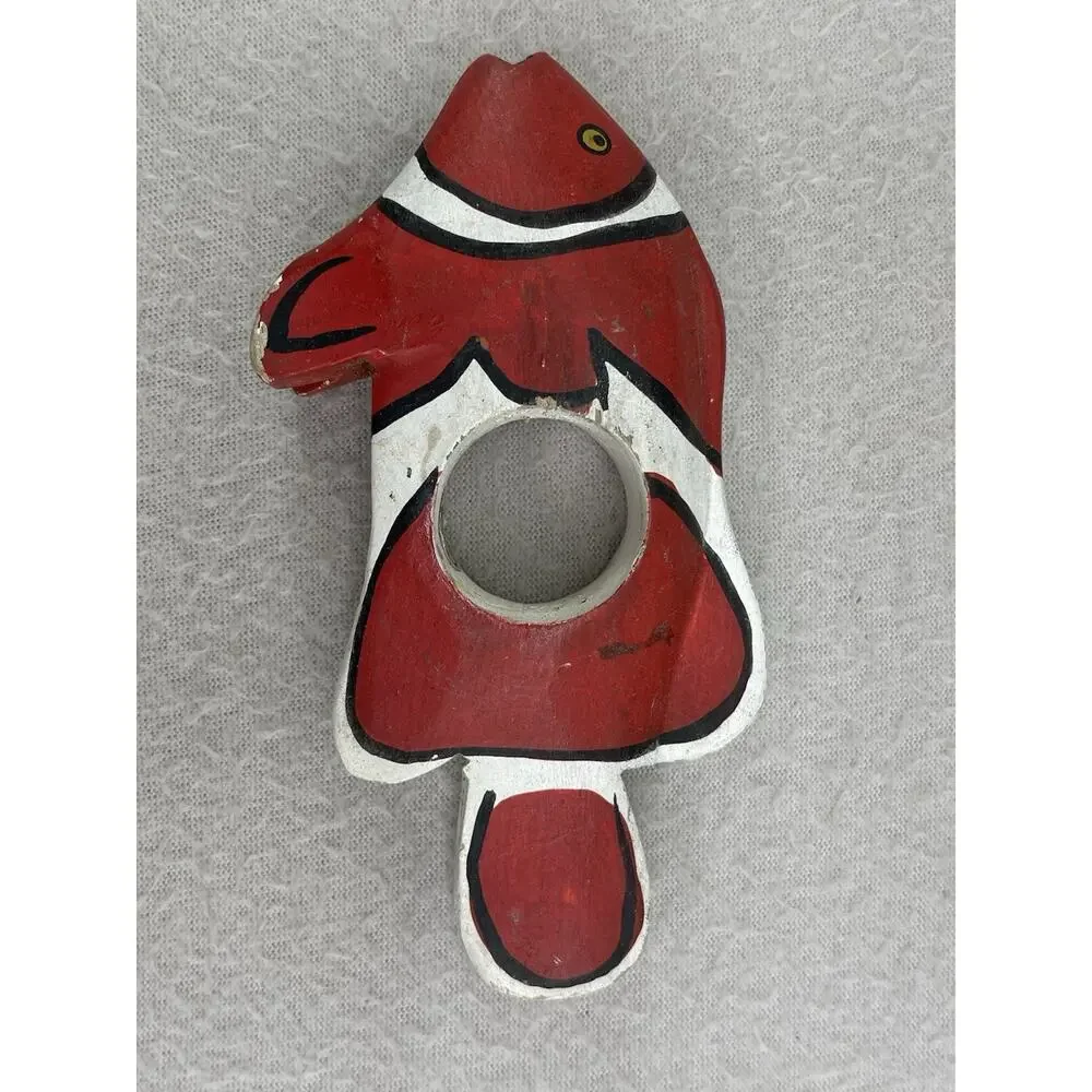 Hand Carved Wood Napkin Rings Set Fish Bird Folk Art Boho Table Decor